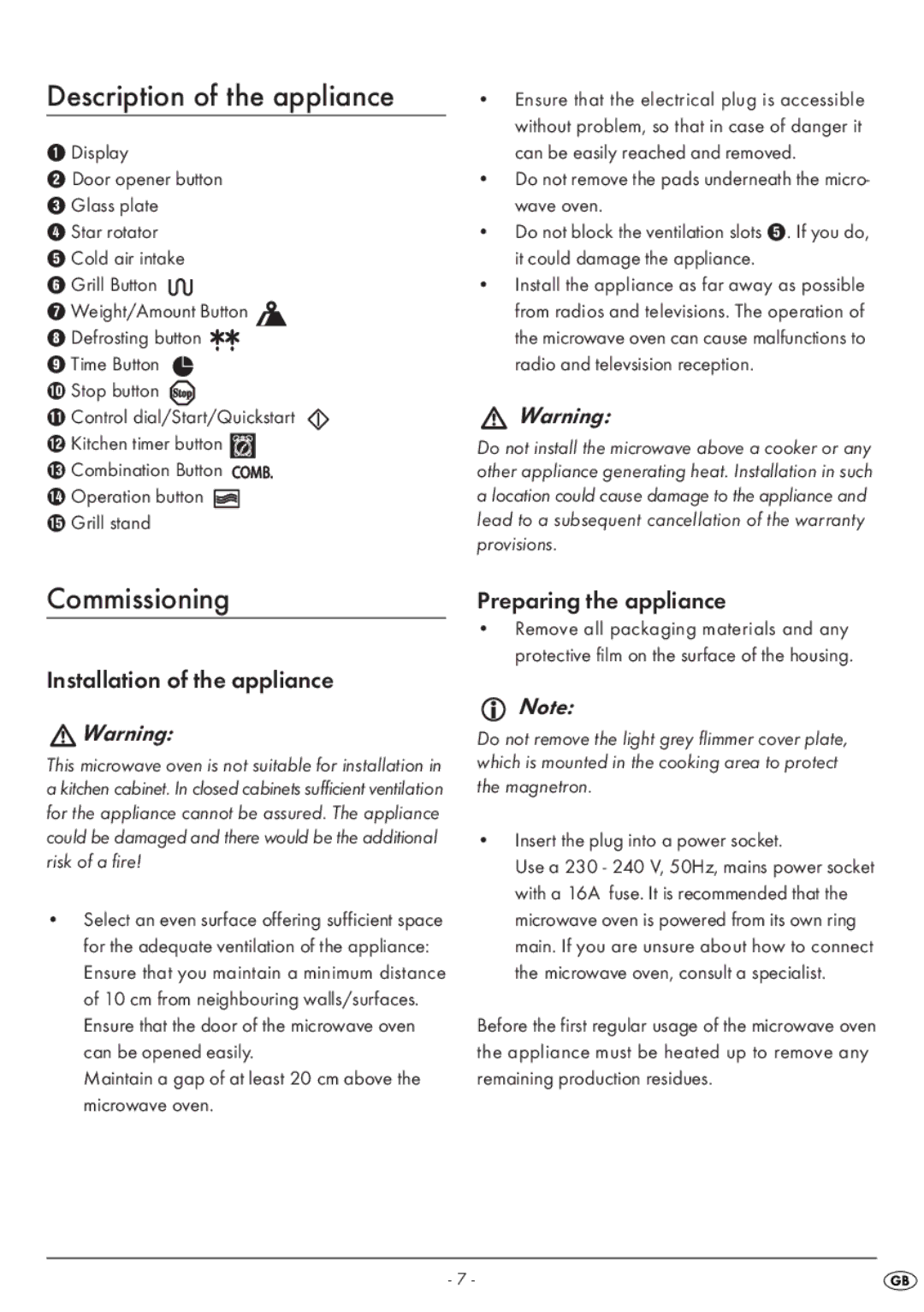 Silvercrest SMW 800 A1 Description of the appliance, Commissioning, Installation of the appliance, Preparing the appliance 