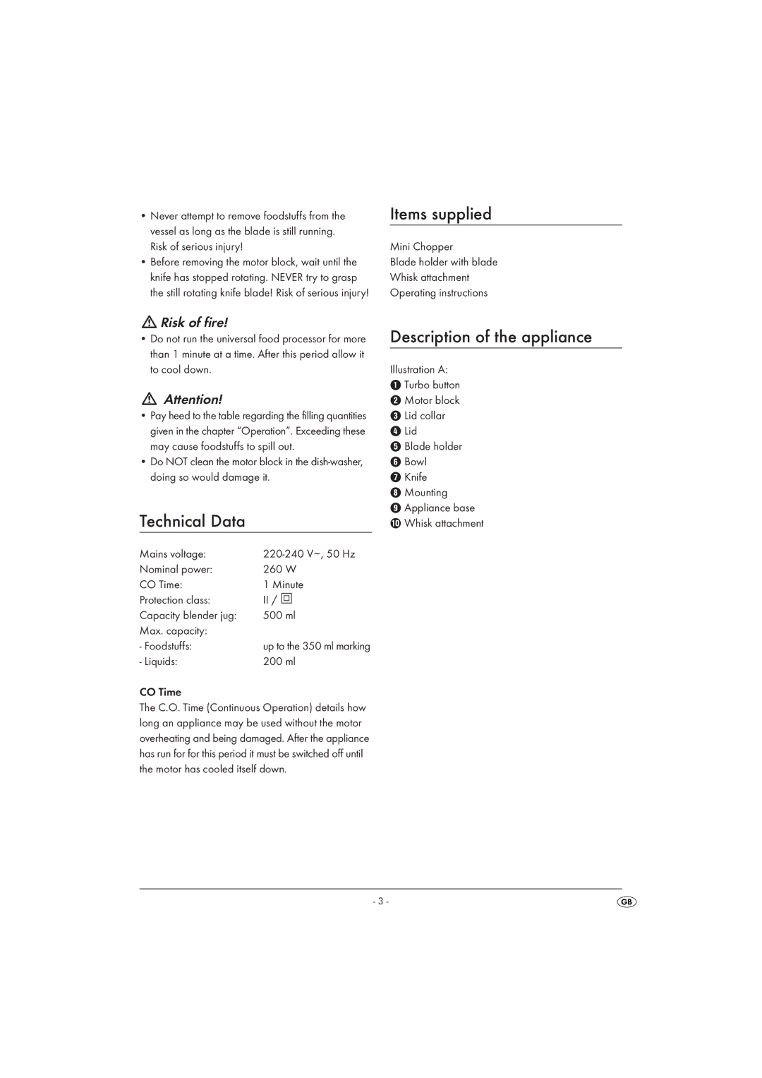 Silvercrest SMZ 260 B1 operating instructions Items supplied, Description of the appliance, Technical Data, Risk of fire 