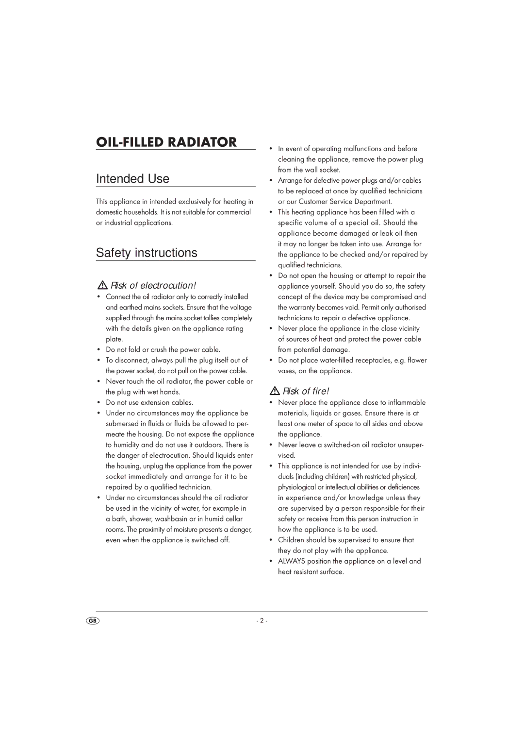 Silvercrest SOR 2600 A1 OIL-FILLED Radiator, Intended Use, Safety instructions, Risk of electrocution, Risk of fire 