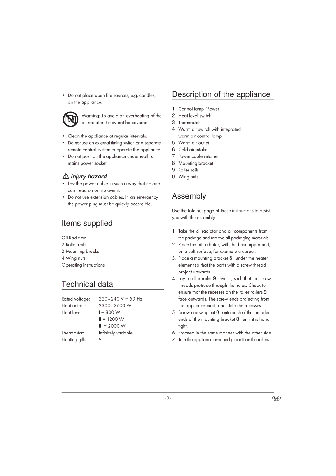 Silvercrest SOR 2600 A1 Items supplied, Technical data, Description of the appliance, Assembly, Injury hazard 