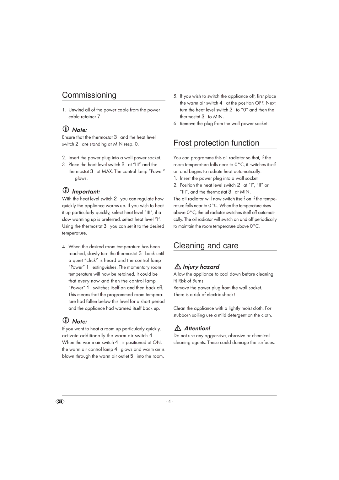 Silvercrest SOR 2600 A1 operating instructions Commissioning, Frost protection function, Cleaning and care 