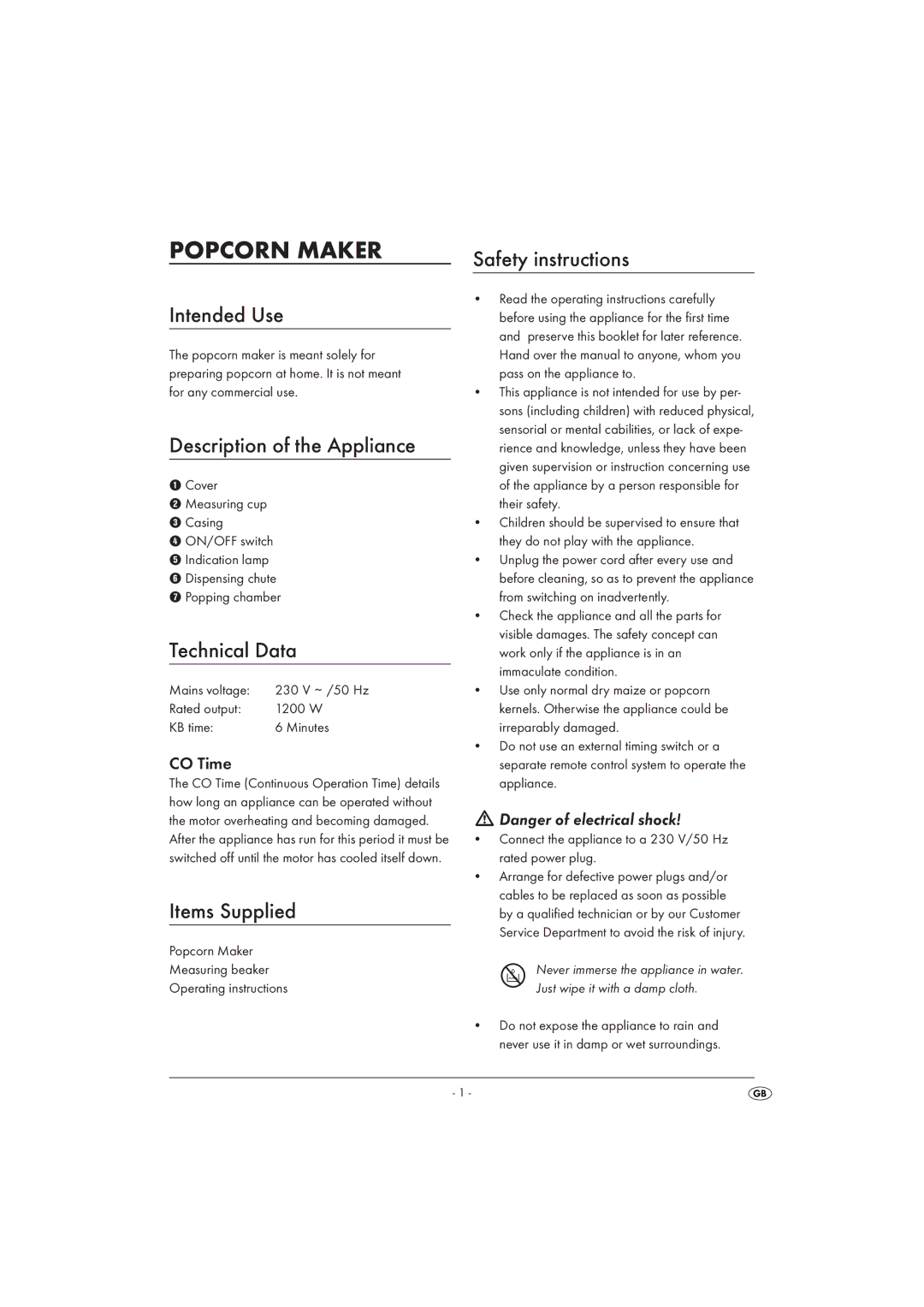 Silvercrest SPCM 1200 A1 Intended Use, Description of the Appliance, Technical Data, Items Supplied, Safety instructions 