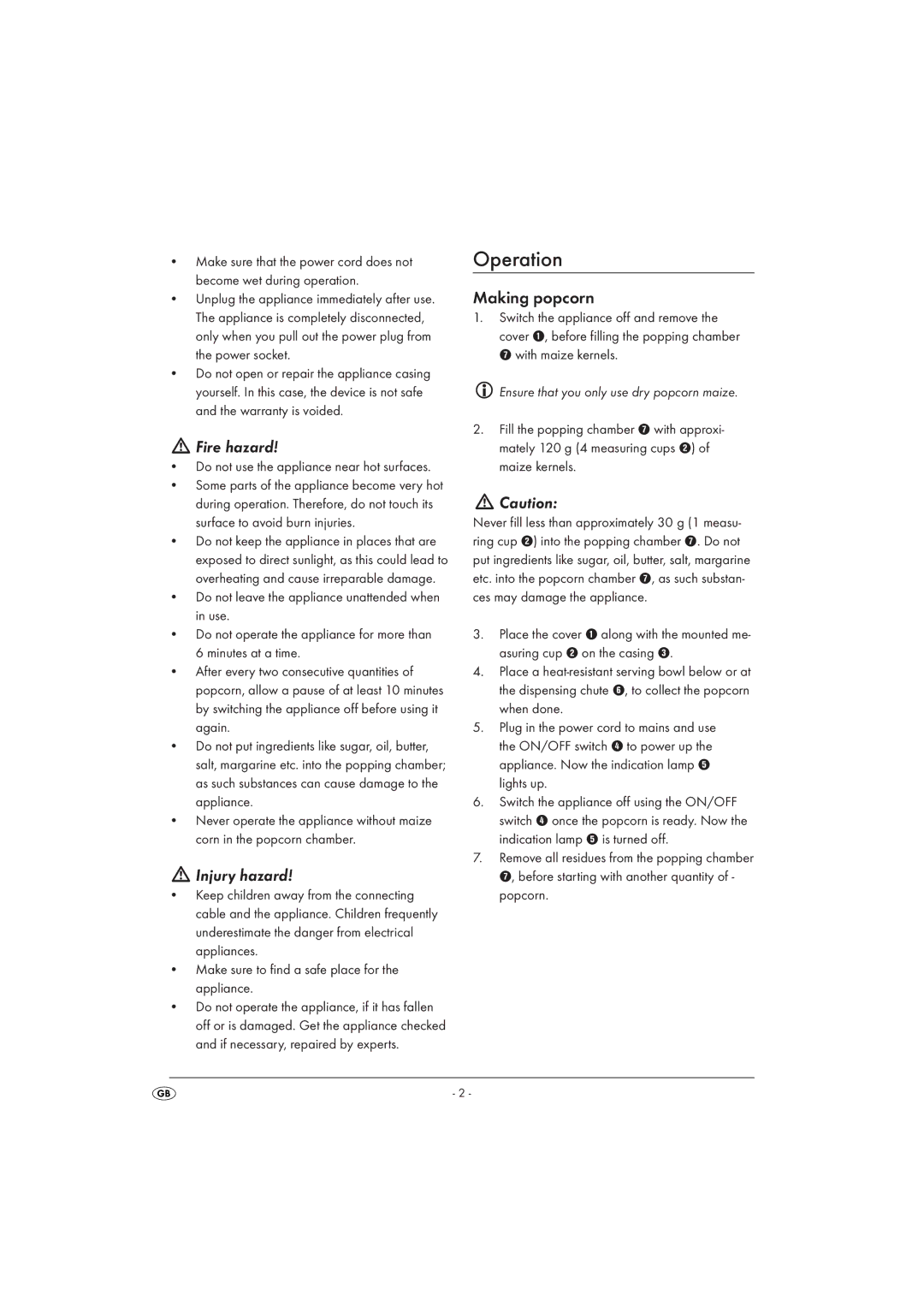 Silvercrest SPCM 1200 A1 manual Operation, Making popcorn 