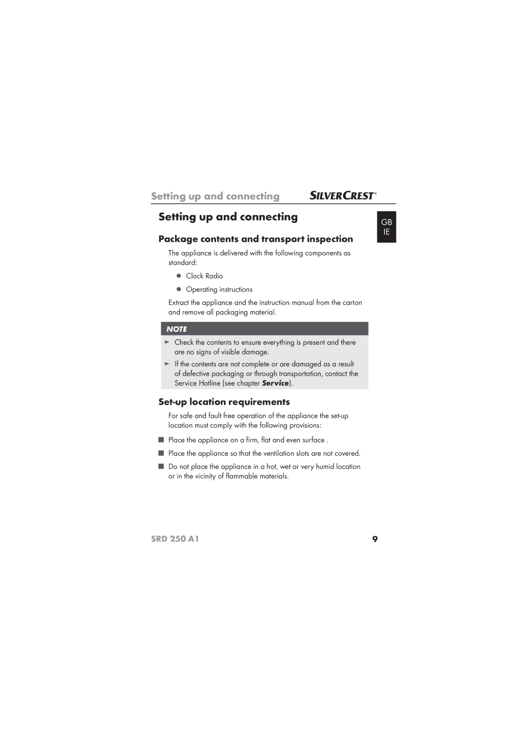 Silvercrest SRD 250 A1 Setting up and connecting, Package contents and transport inspection, Set-up location requirements 