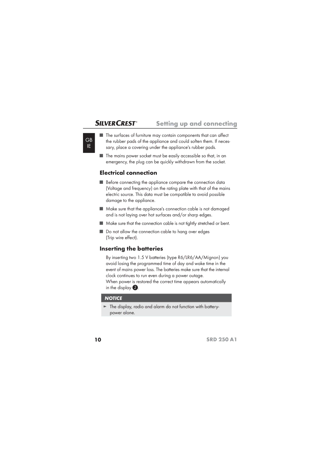 Silvercrest SRD 250 A1 operating instructions Electrical connection, Inserting the batteries 