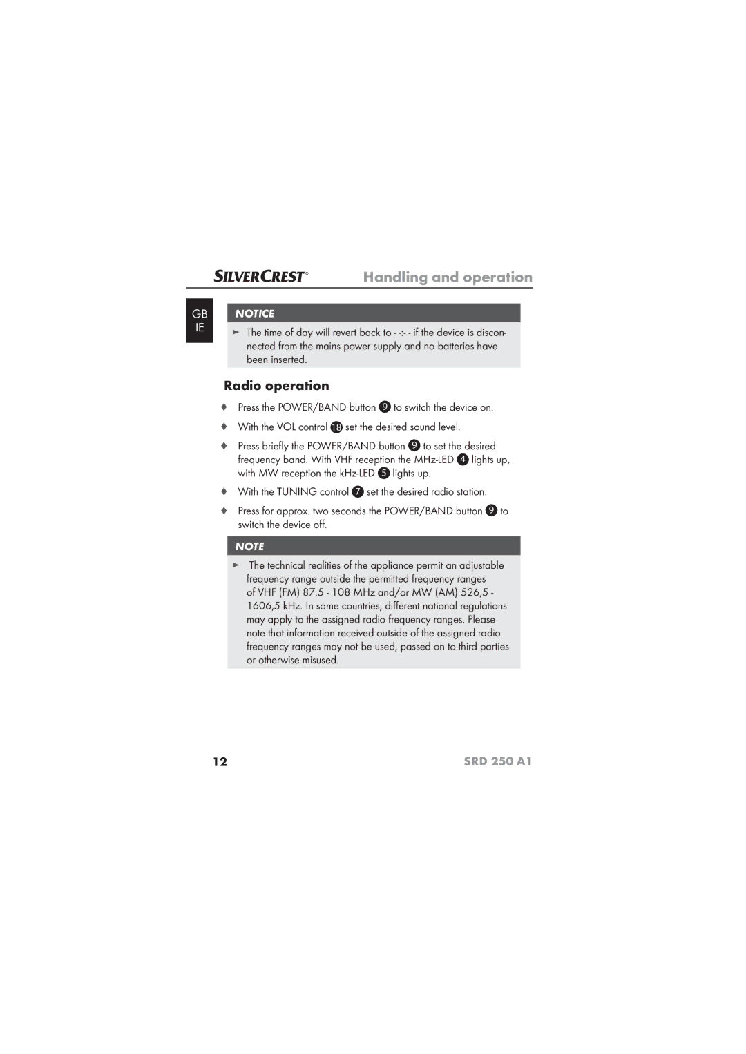 Silvercrest SRD 250 A1 operating instructions Radio operation 