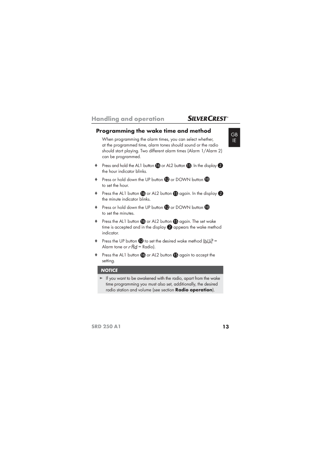 Silvercrest SRD 250 A1 operating instructions Programming the wake time and method 