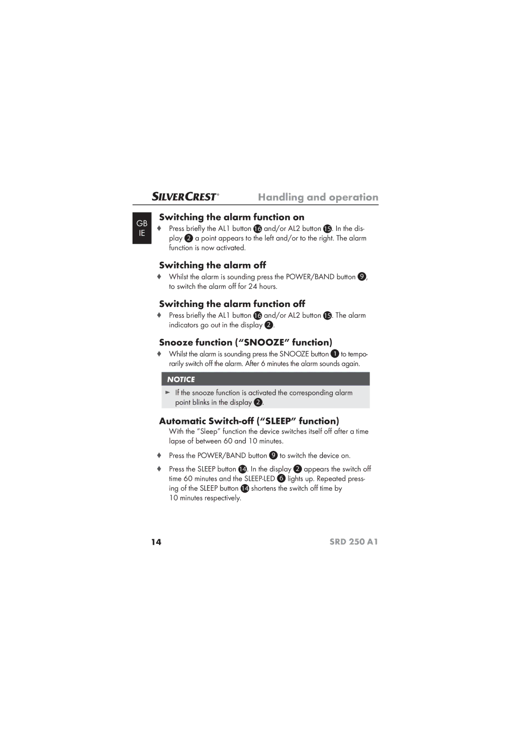 Silvercrest SRD 250 A1 Switching the alarm function on, Switching the alarm oﬀ, Switching the alarm function oﬀ 