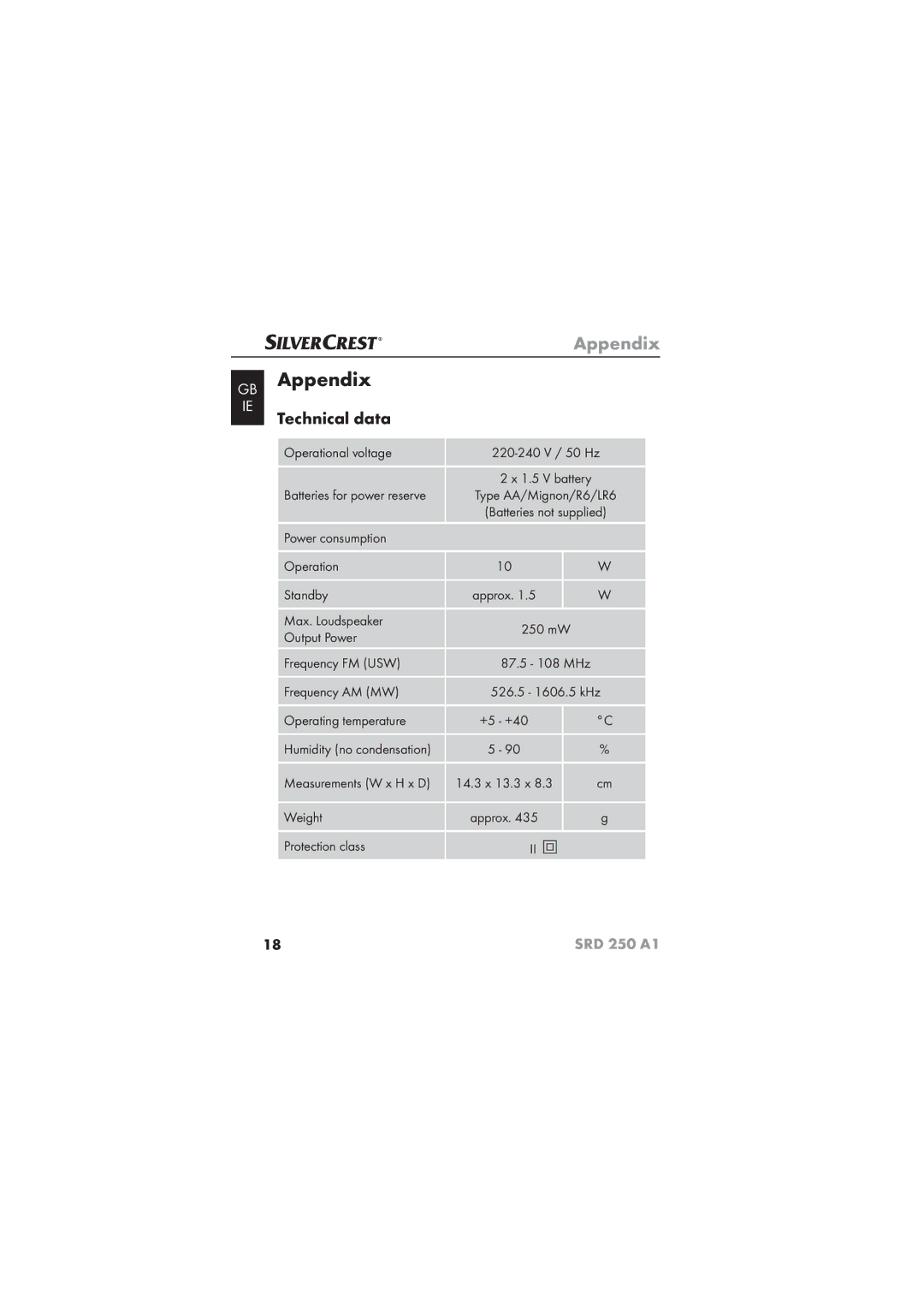 Silvercrest SRD 250 A1 operating instructions Appendix, Technical data 