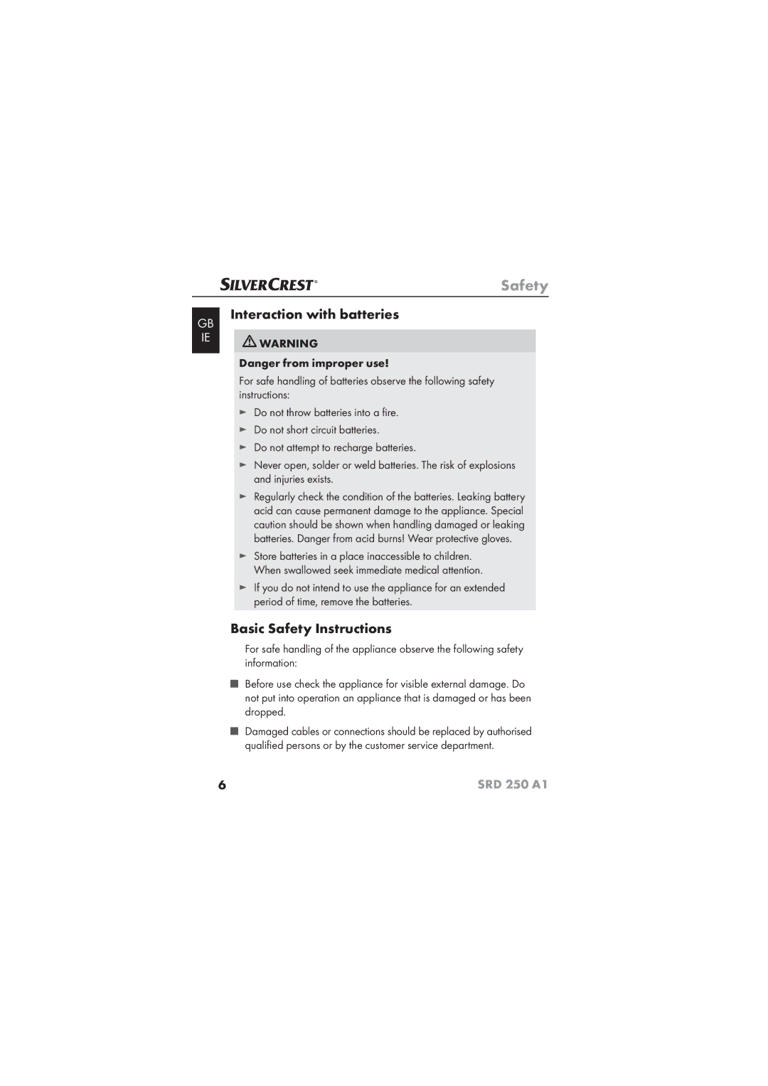 Silvercrest SRD 250 A1 operating instructions Interaction with batteries, Basic Safety Instructions 