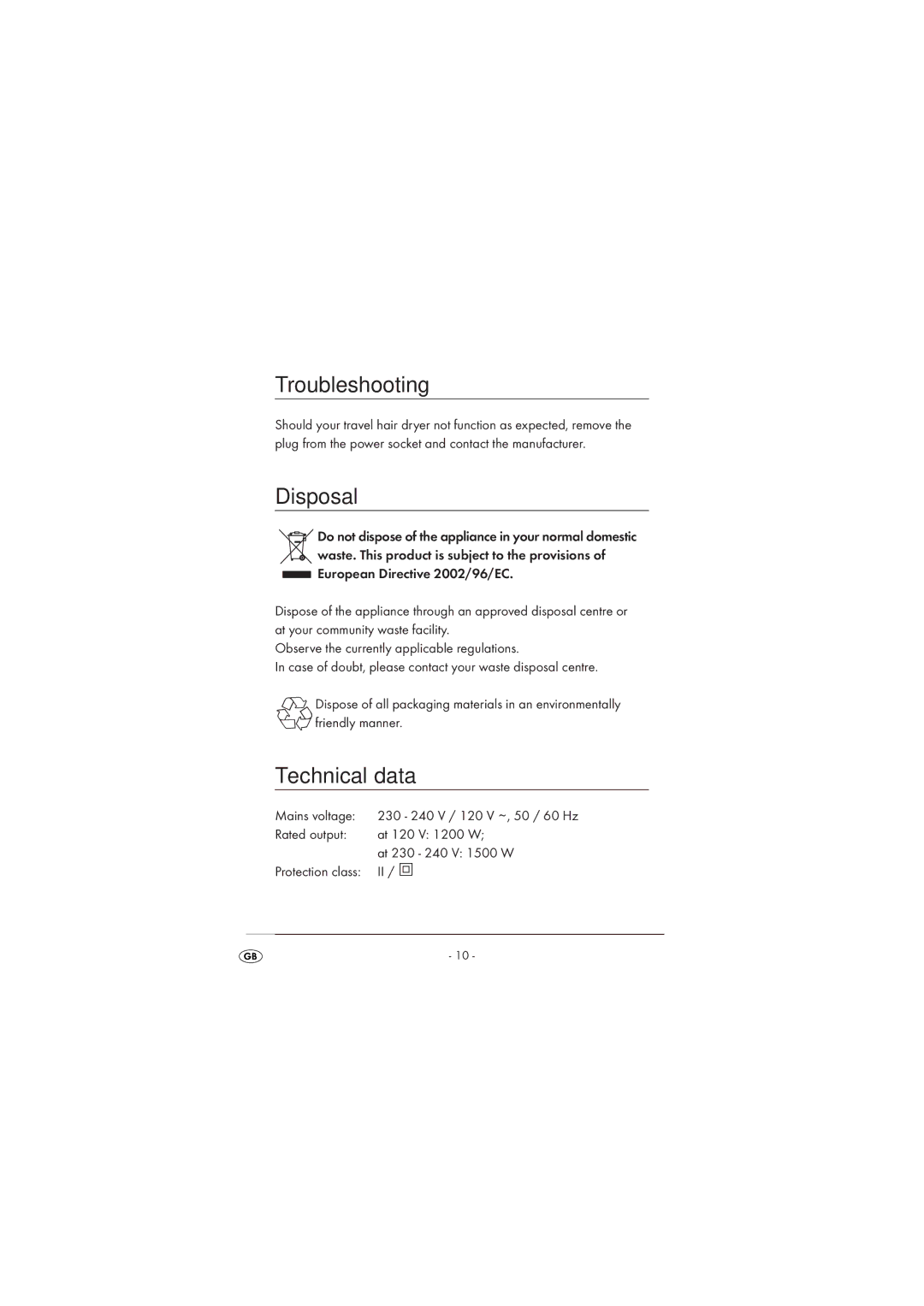 Silvercrest SRHT 1500 A1 operating instructions Troubleshooting, Disposal, Technical data 