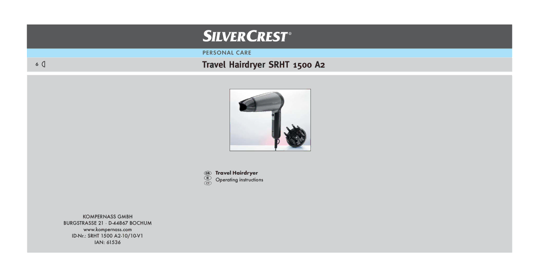 Silvercrest SRHT 1500 A2 operating instructions Travel Hairdryer Srht 1500 A2 