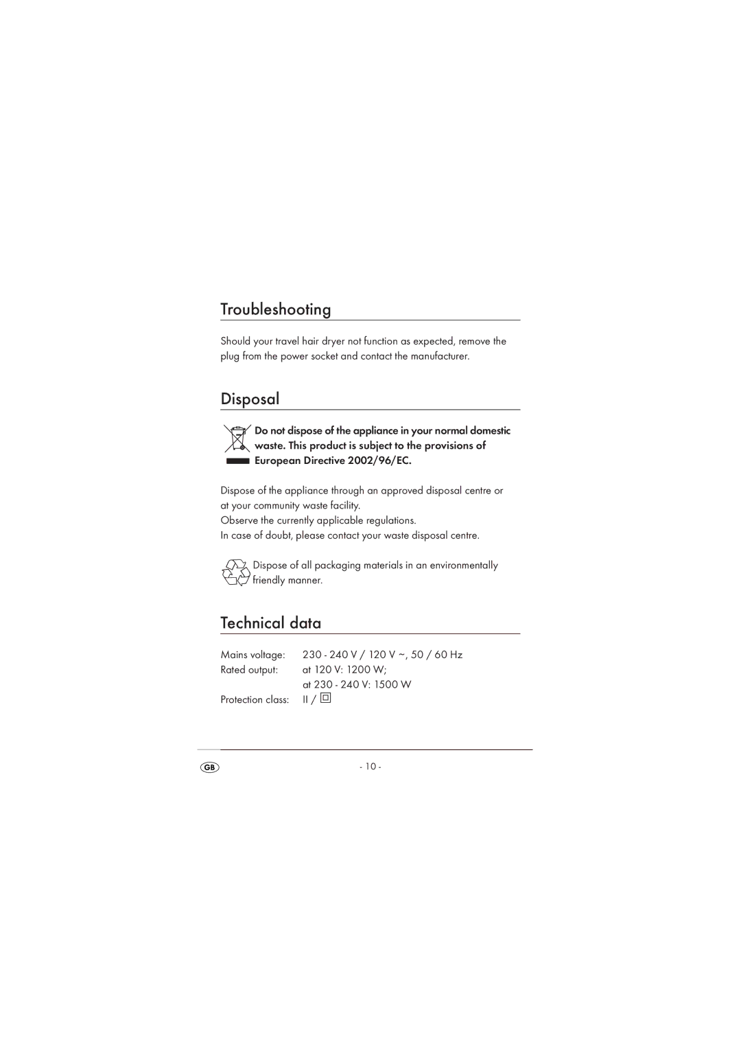 Silvercrest SRHT 1500 A2 operating instructions Troubleshooting, Disposal, Technical data 