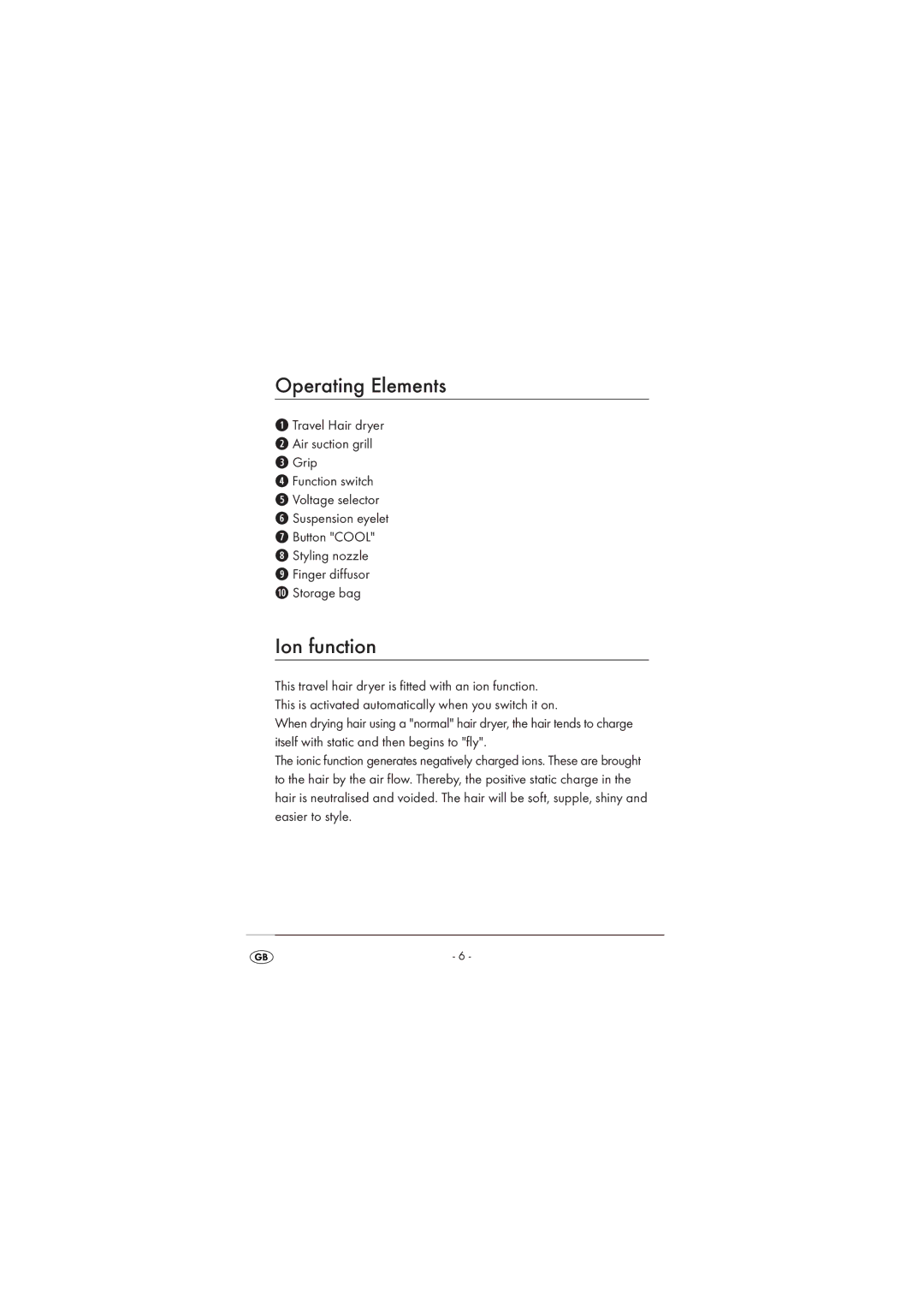 Silvercrest SRHT 1500 A2 operating instructions Operating Elements, Ion function 