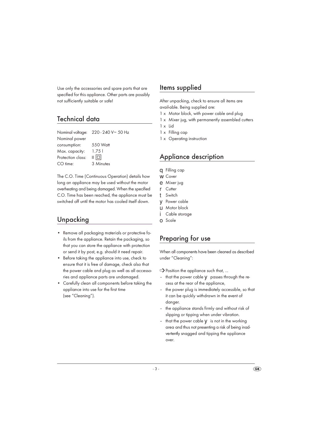 Silvercrest SSM 550 A16 manual Technical data, Unpacking, Items supplied, Appliance description, Preparing for use 