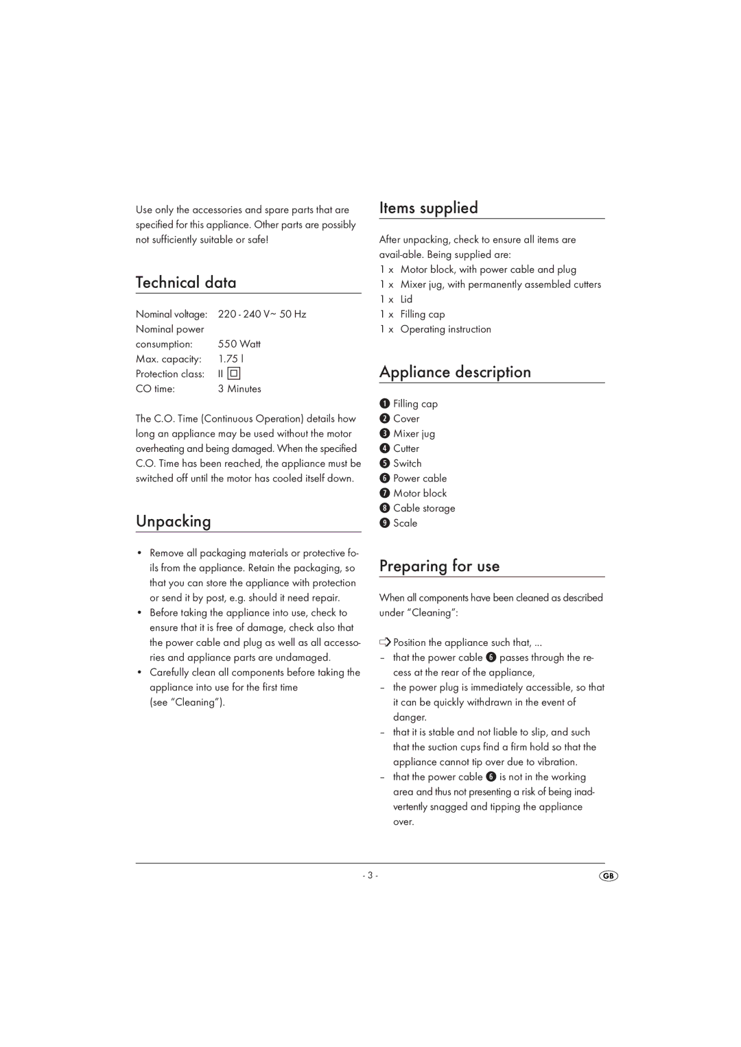 Silvercrest SSM 550 B1 manual Technical data, Unpacking, Items supplied, Appliance description, Preparing for use 