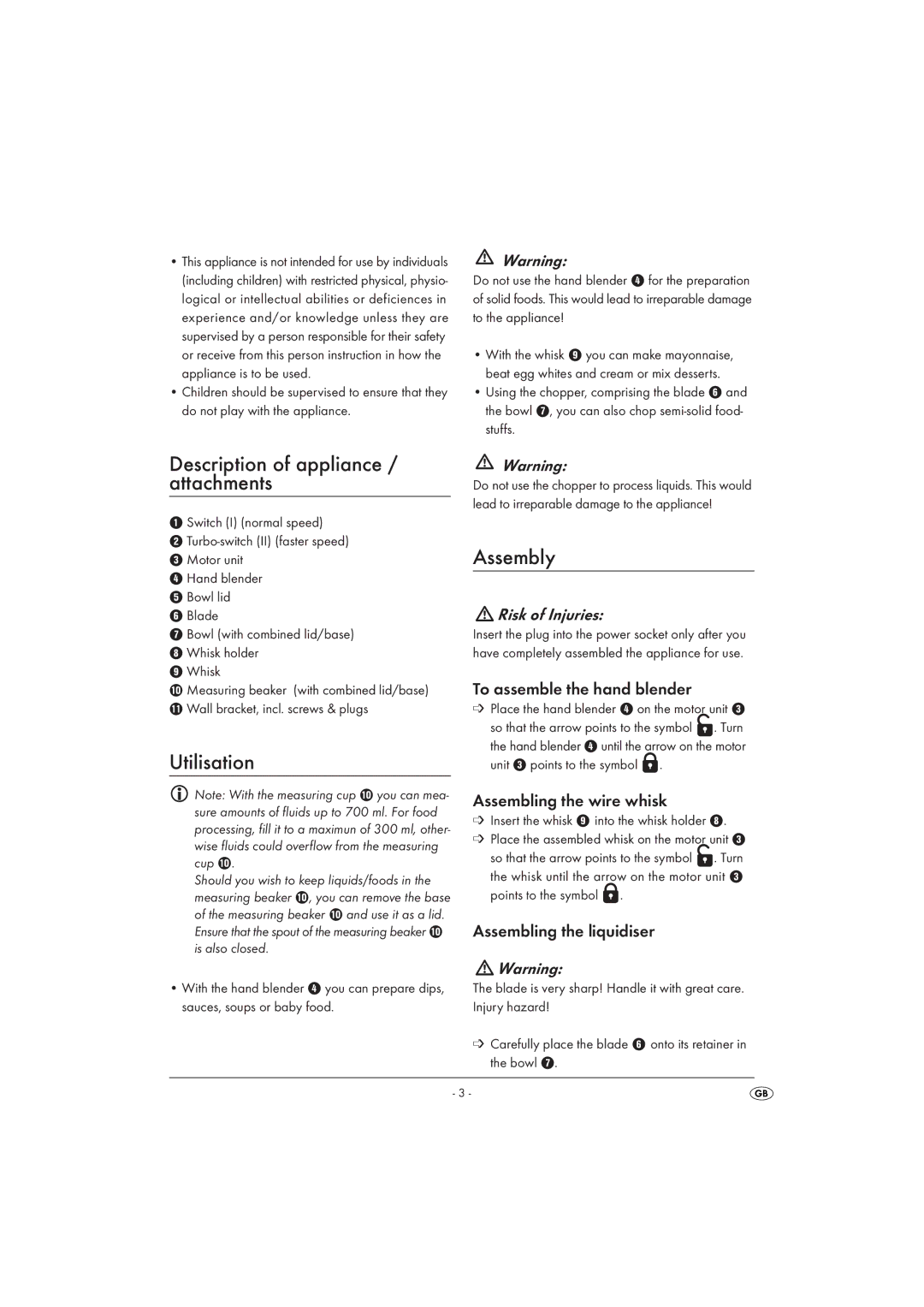 Silvercrest SSMS 600 A1 Description of appliance / attachments, Utilisation, Assembly, Risk of Injuries 