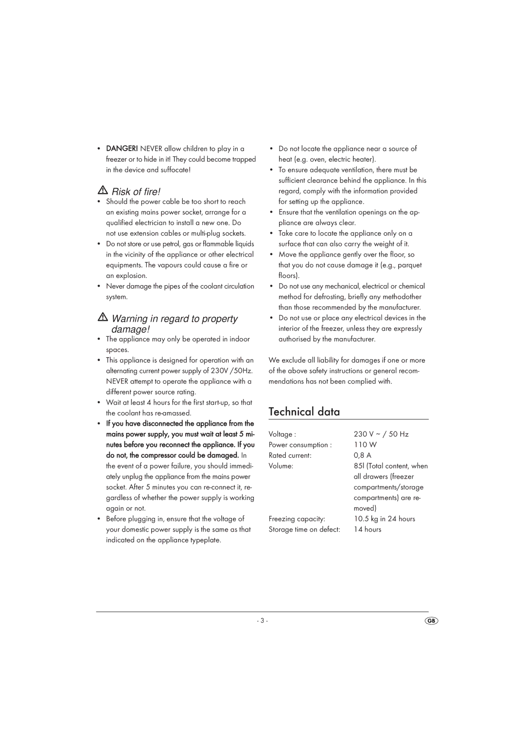 Silvercrest STG 85 A1 manual Technical data, Risk of fire 