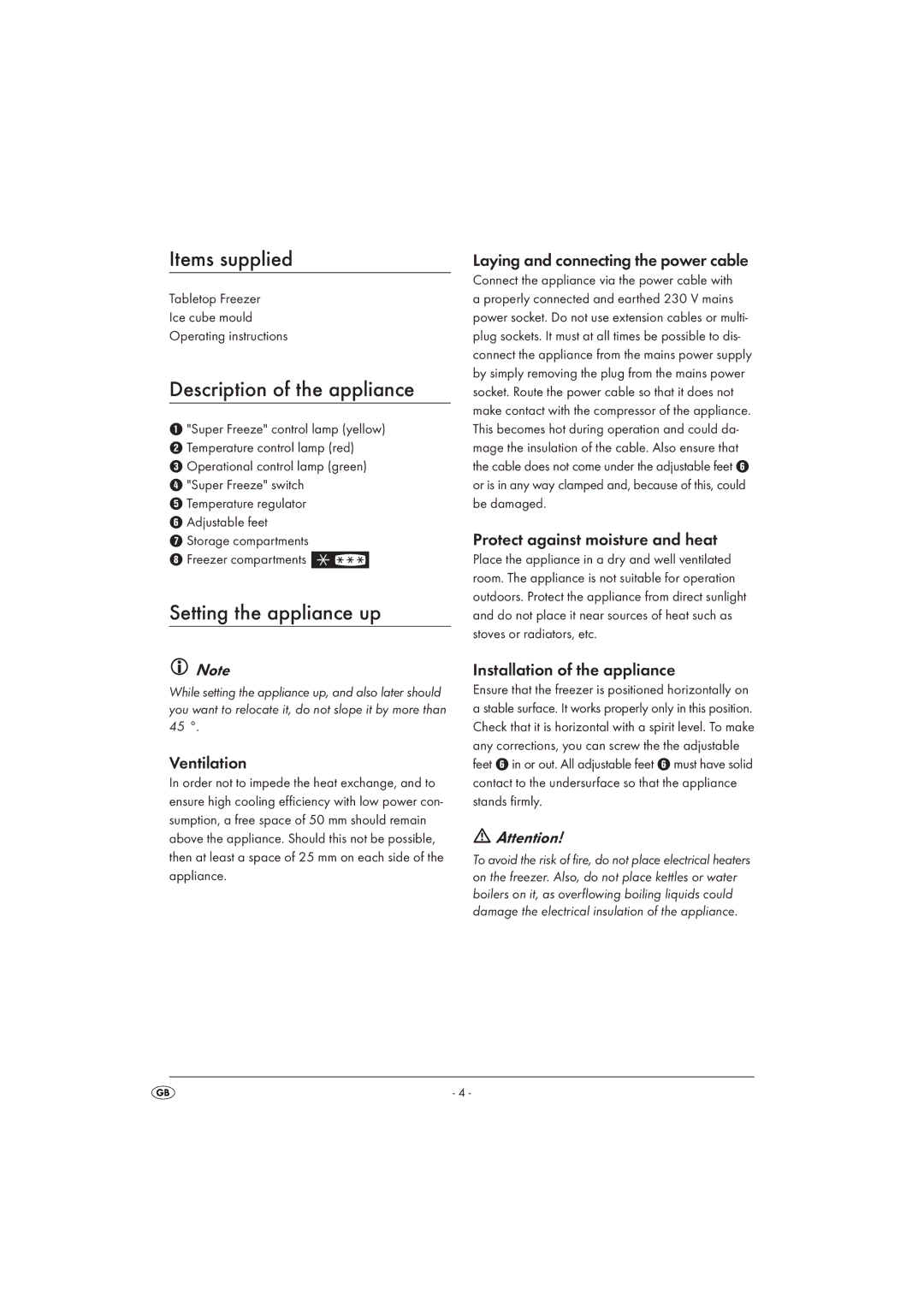 Silvercrest STG 85 A1 manual Items supplied, Description of the appliance, Setting the appliance up 