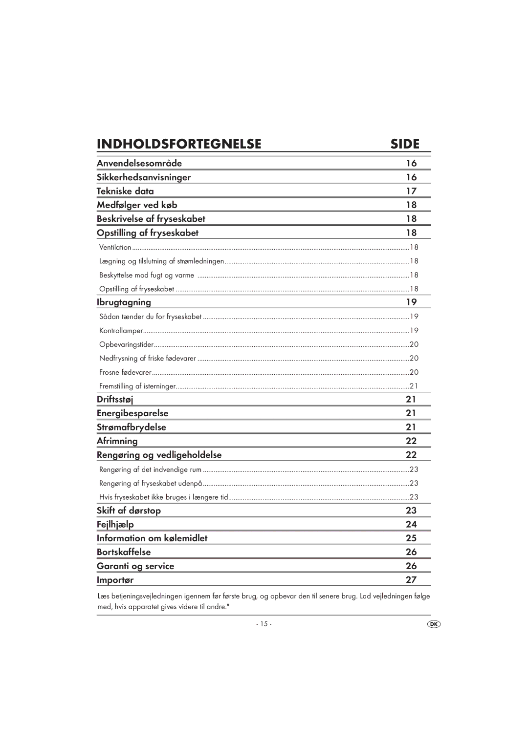 Silvercrest STG 85 manual Indholdsfortegnelse, Ibrugtagning 