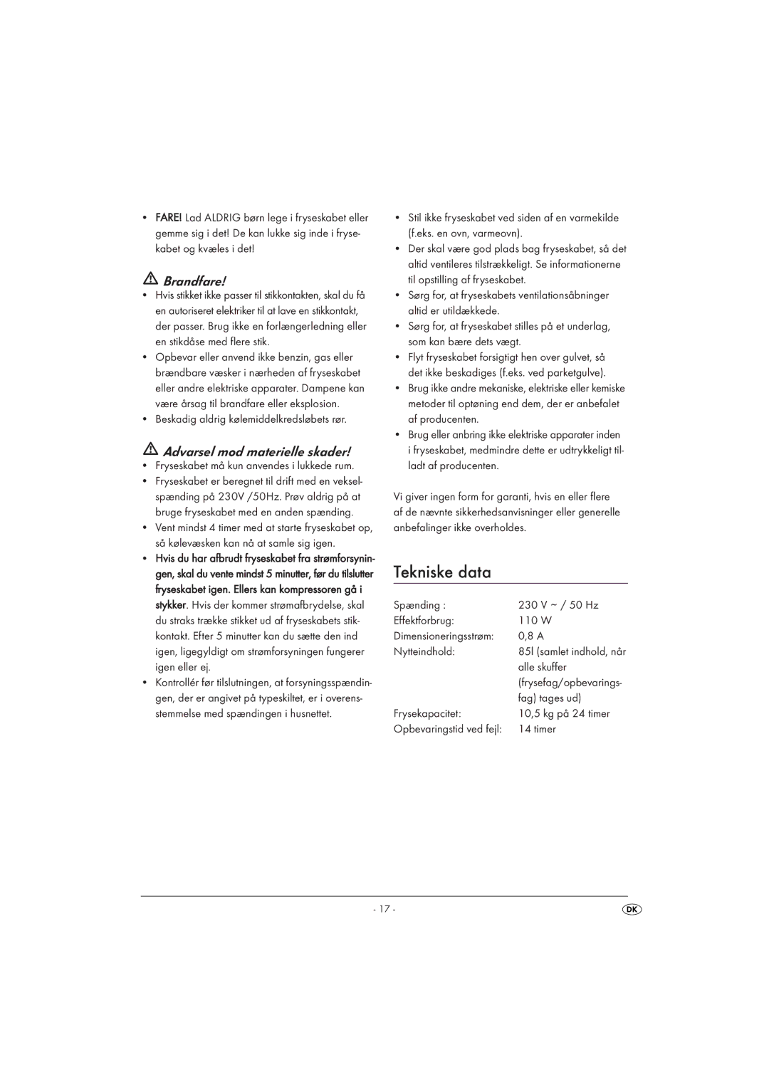 Silvercrest STG 85 manual Tekniske data, Brandfare 