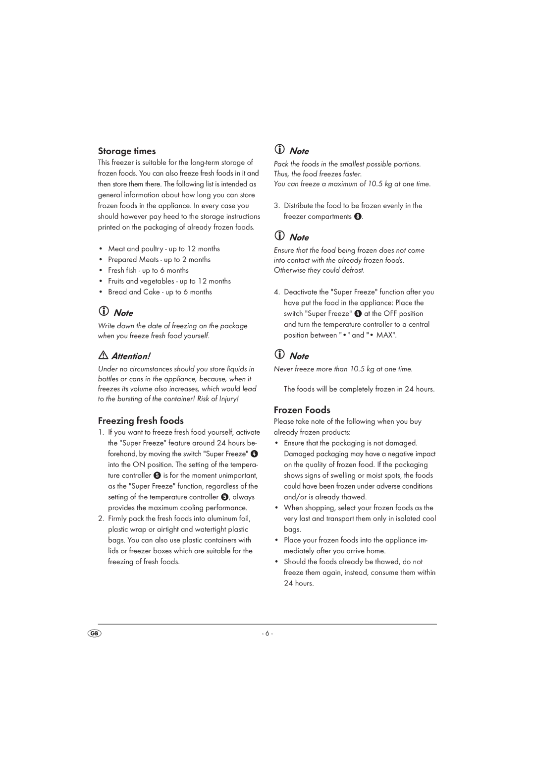 Silvercrest STG 85 manual Storage times, Freezing fresh foods, Frozen Foods 