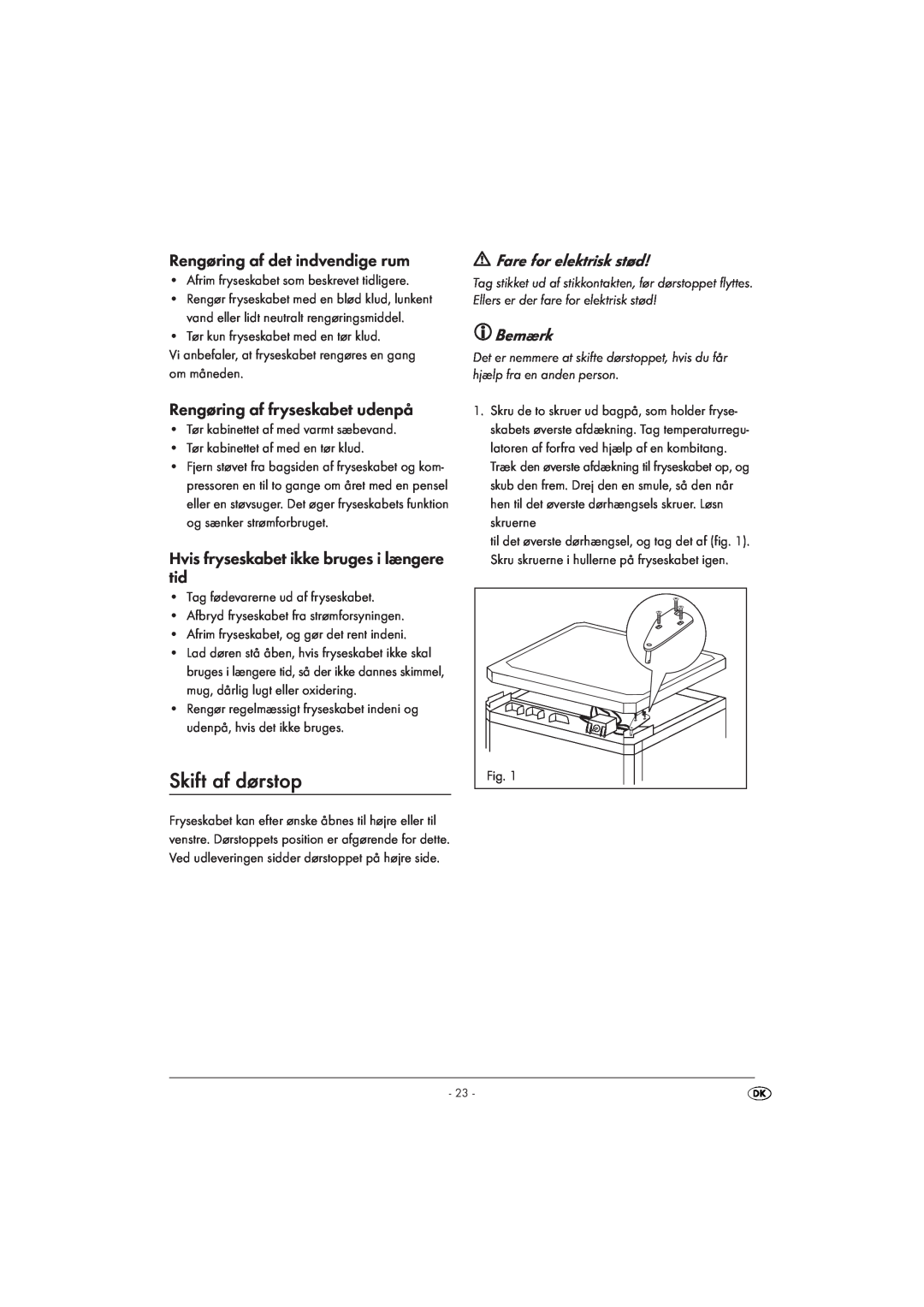 Silvercrest STG 85 manual Skift af dørstop, Fare for elektrisk stød, Bemærk, Afrim fryseskabet som beskrevet tidligere 