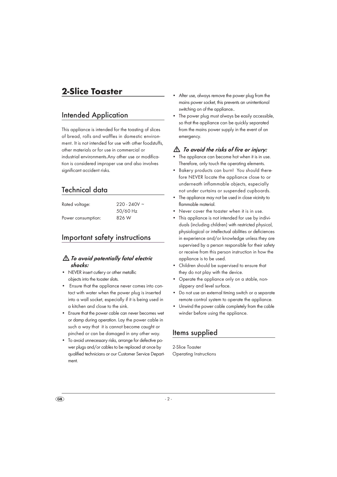 Silvercrest STOS 826 A1 manual Intended Application, Technical data, Important safety instructions, Items supplied 