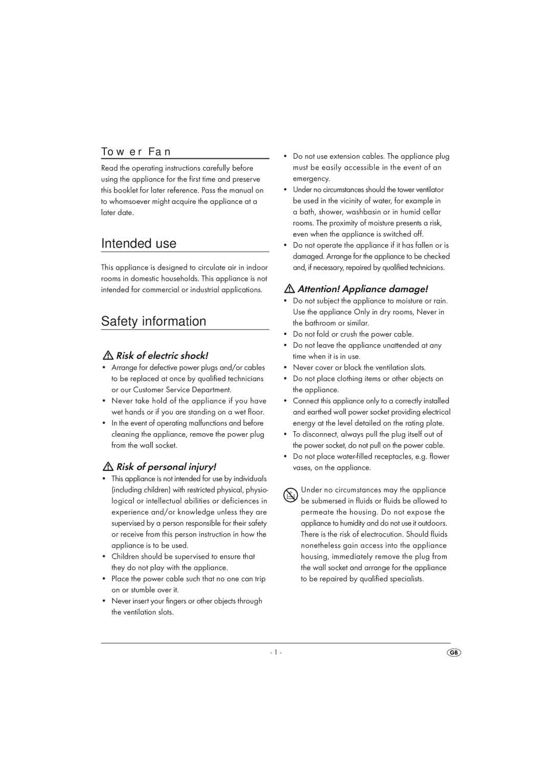 Silvercrest STV 45 A1 manual Intended use, Safety information 