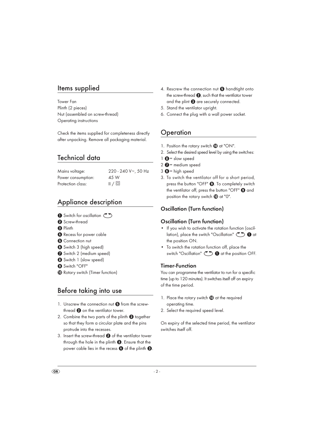 Silvercrest STV 45 A1 manual Items supplied, Technical data, Appliance description, Before taking into use, Operation 