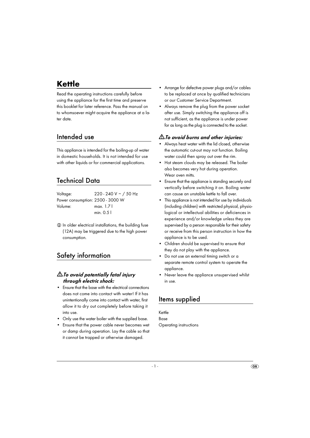 Silvercrest SWK 3000 EDS A1 operating instructions Intended use, Technical Data, Safety information, Items supplied 