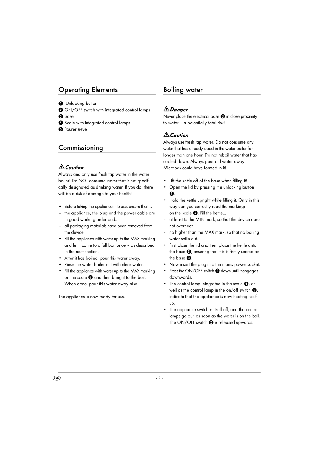 Silvercrest SWK 3000 EDS A1 operating instructions Operating Elements Boiling water, Commissioning 