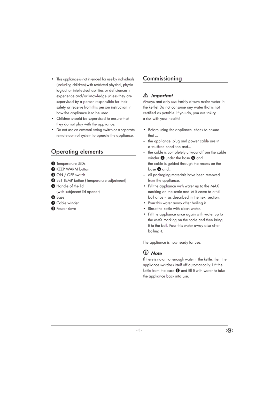 Silvercrest SWKD 3000 A16 manual Operating elements, Commissioning 