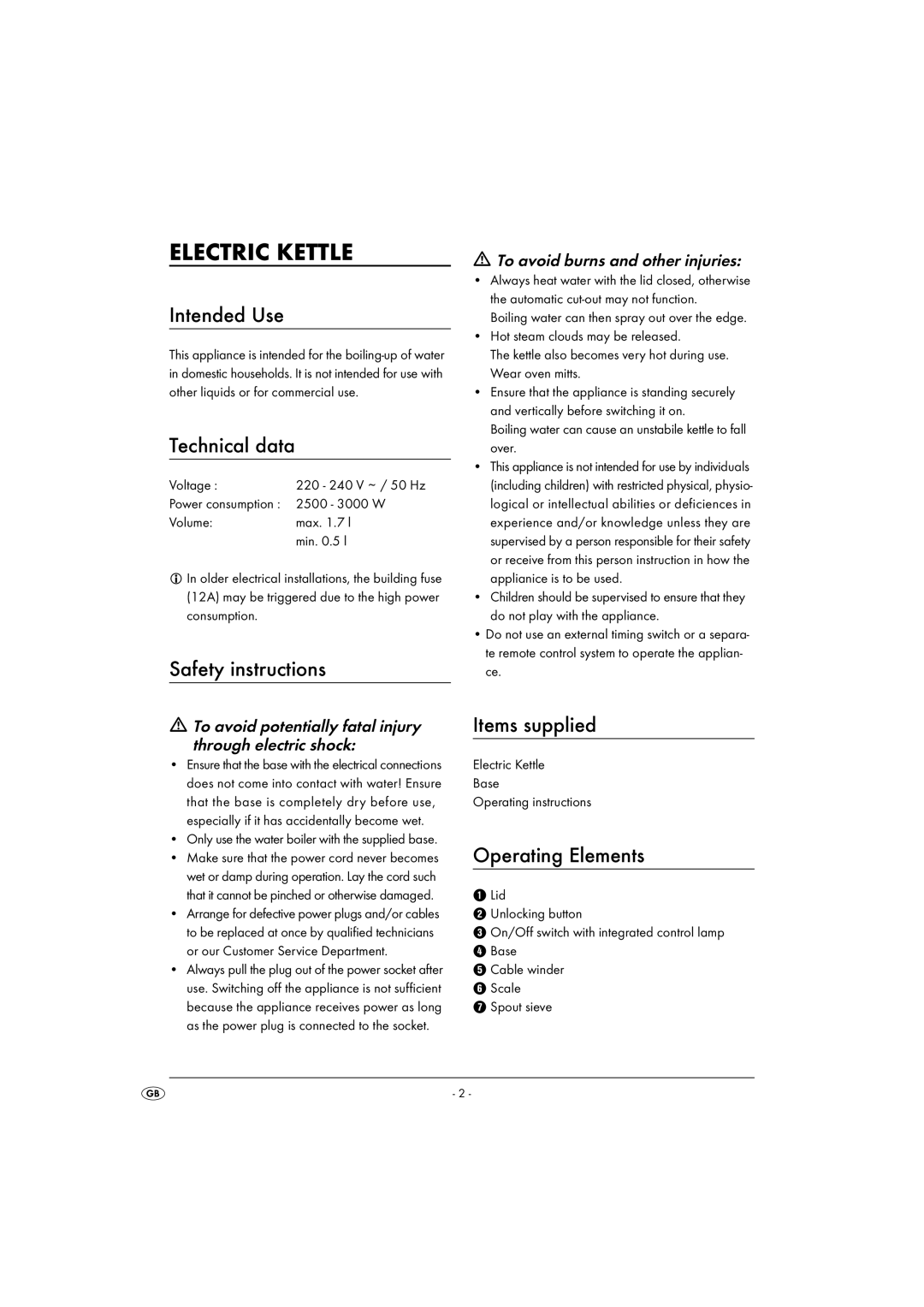 Silvercrest SWKK 3000 A1 operating instructions Electric Kettle 