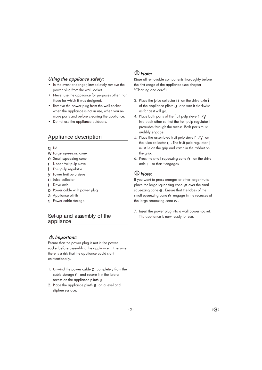 Silvercrest SZP25A1-07 manual Appliance description, Set-up and assembly of the appliance, Using the appliance safely, Lid 