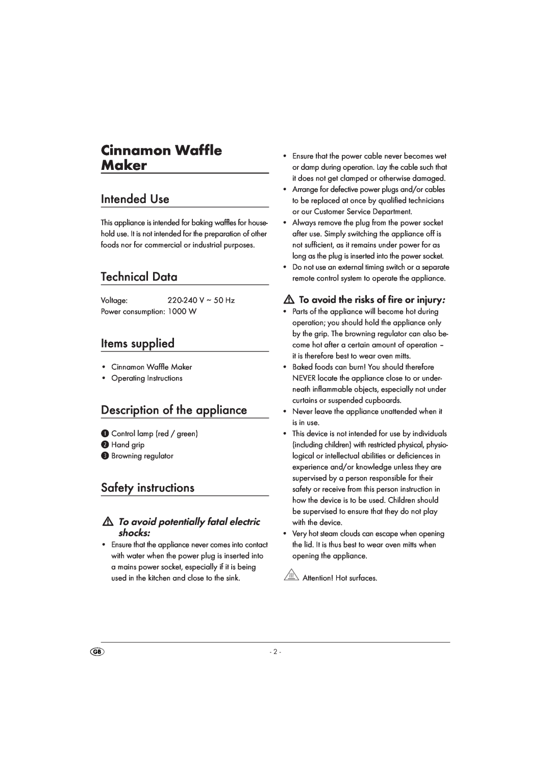 Silvercrest SZW 1000 A1 Cinnamon Waffle Maker, Intended Use, Technical Data, Items supplied, Description of the appliance 