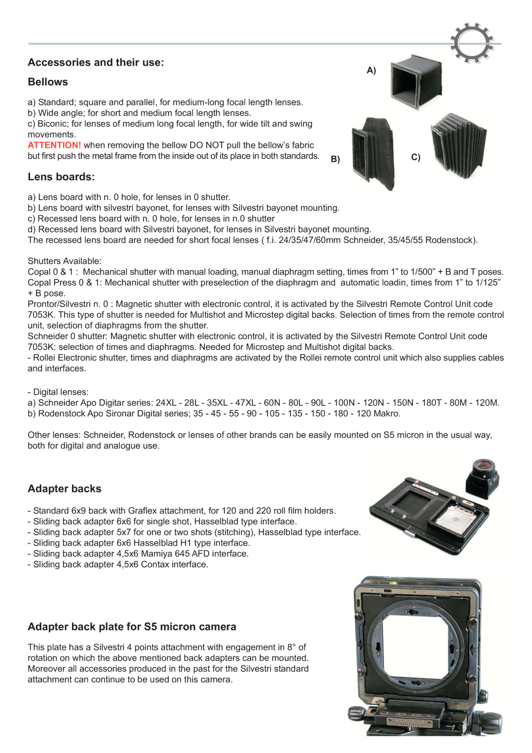 Silvestri manual Accessories and their use Bellows, Lens boards, Adapter backs, Adapter back plate for S5 micron camera 