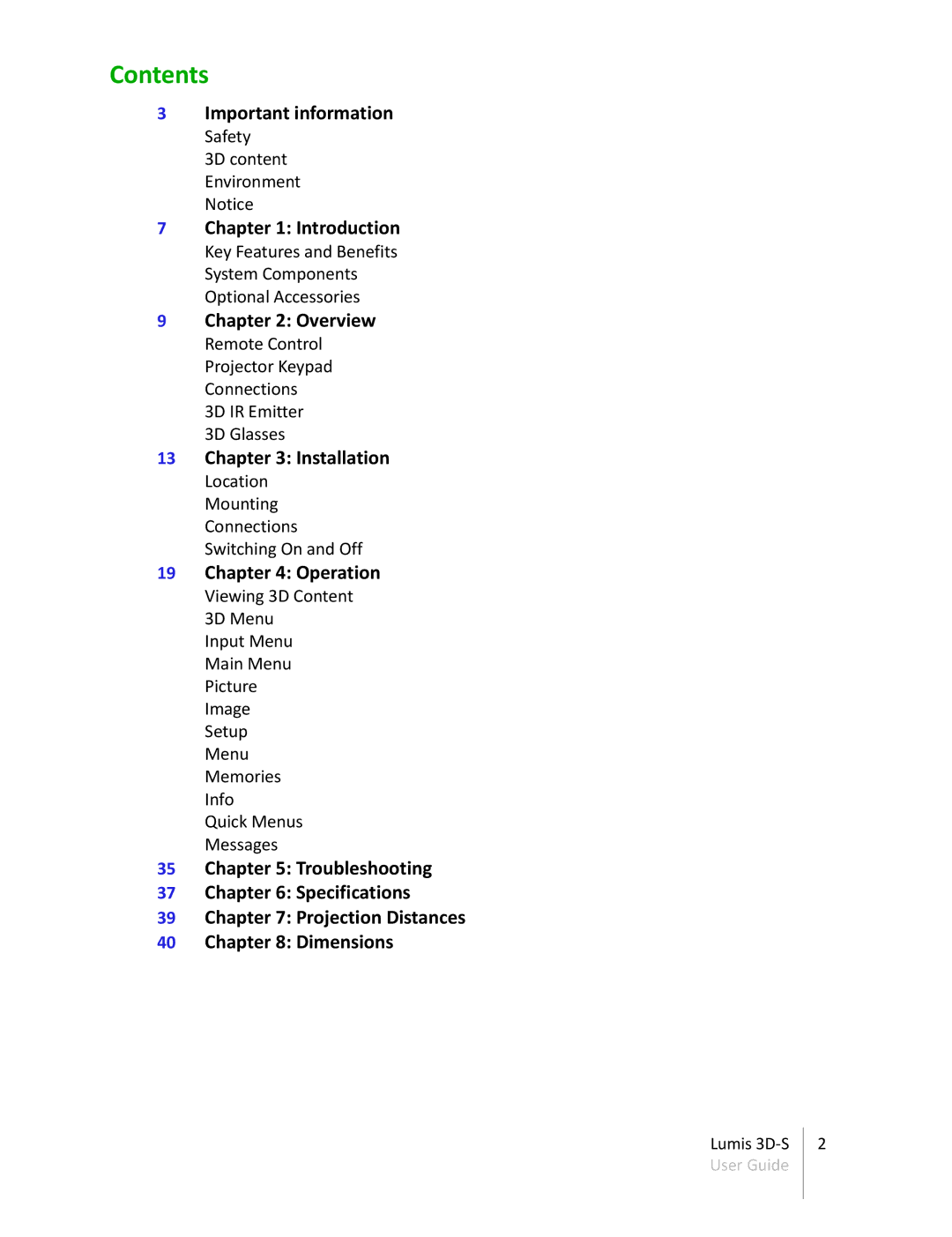 Sim2 Multimedia 3D-S manual Contents 