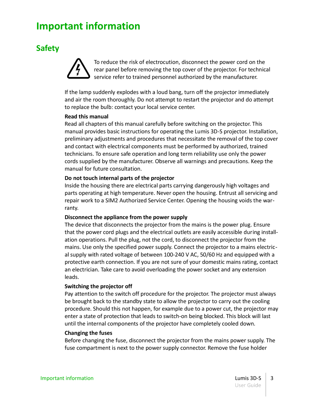 Sim2 Multimedia 3D-S manual Important information, Safety 