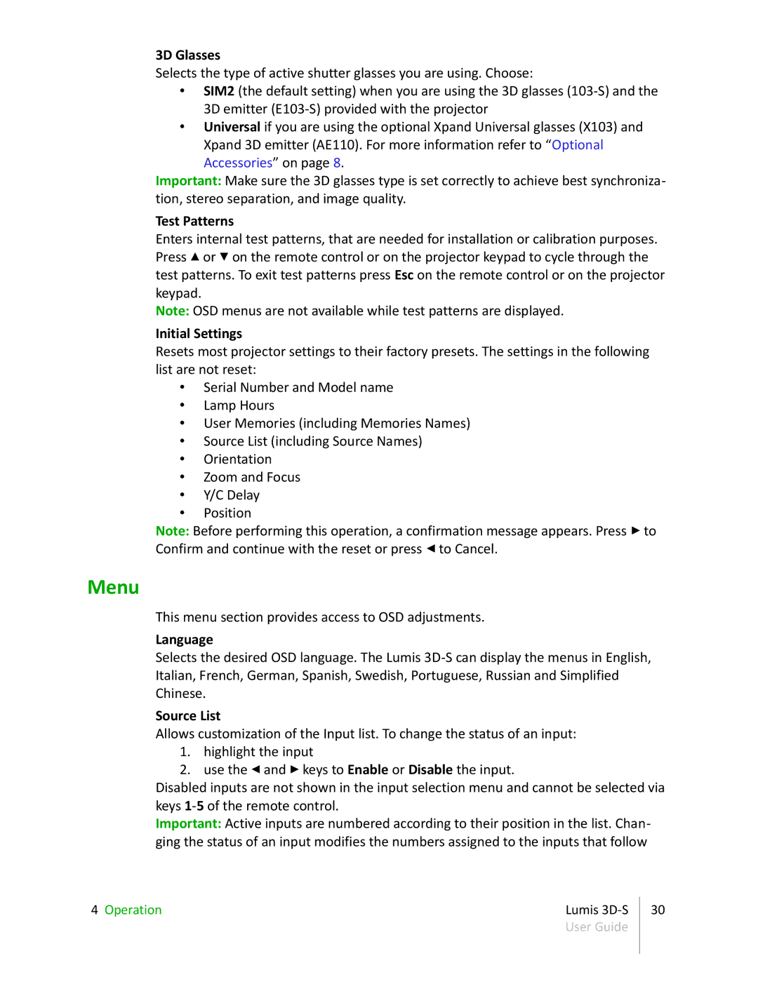 Sim2 Multimedia 3D-S manual Menu, Test Patterns, Initial Settings, Language, Source List 