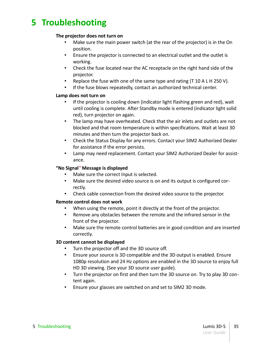 Sim2 Multimedia 3D-S manual Troubleshooting 