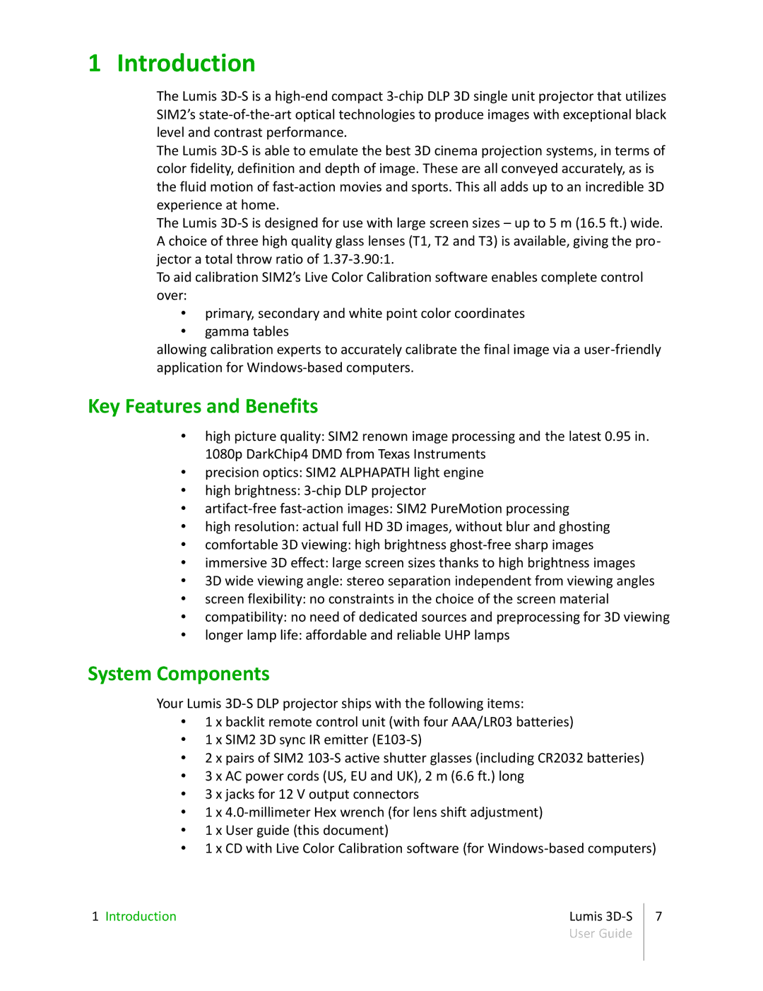 Sim2 Multimedia 3D-S manual Introduction, Key Features and Benefits, System Components 