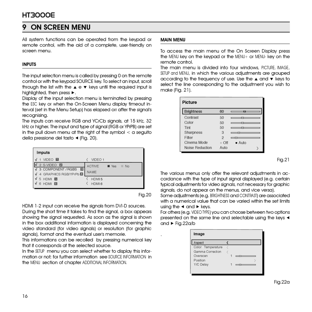 Sim2 Multimedia 460649000, HT3000E installation manual On Screen Menu, Inputs, Main Menu 