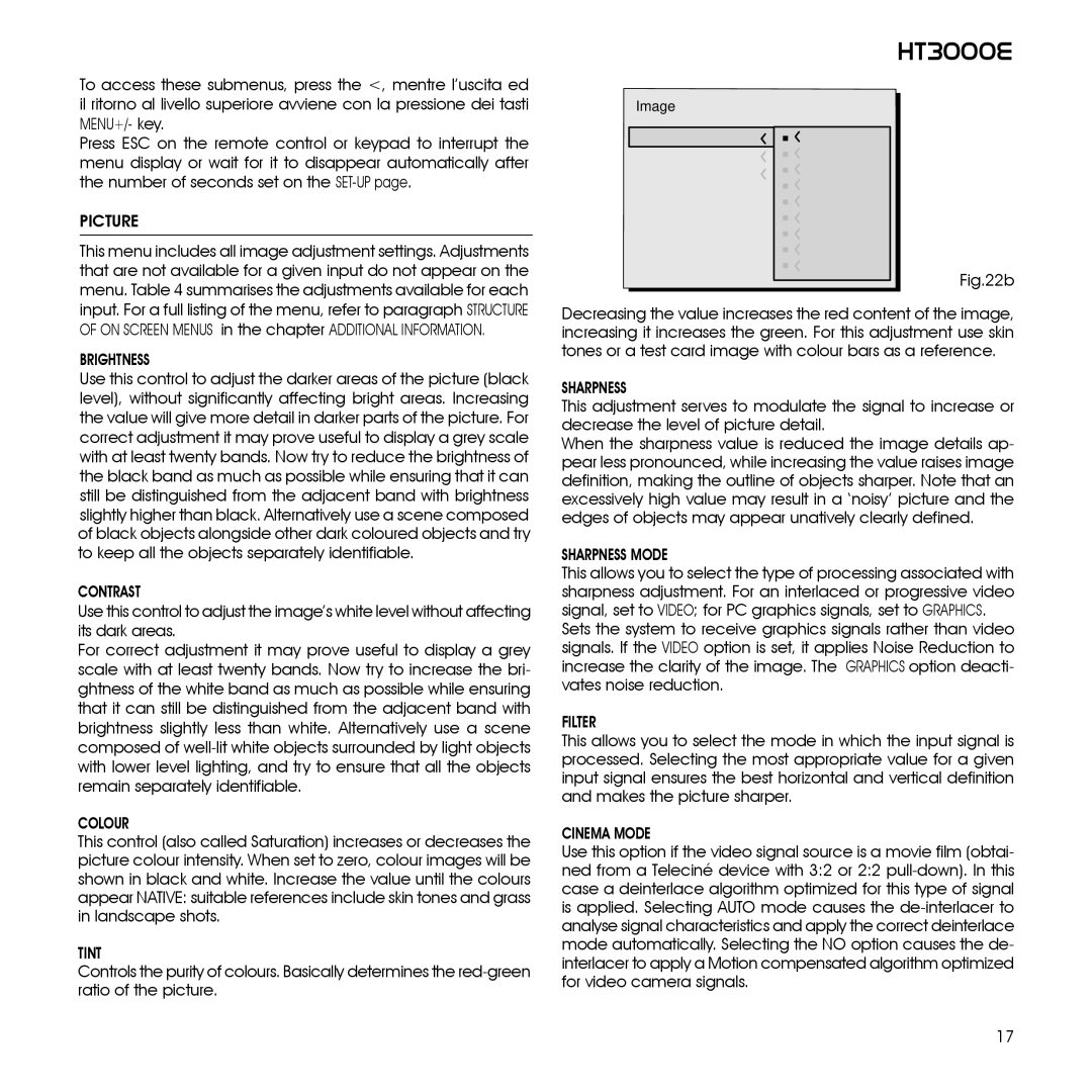 Sim2 Multimedia HT3000E, 460649000 installation manual Picture, Brightness, Colour, Sharpness Mode 