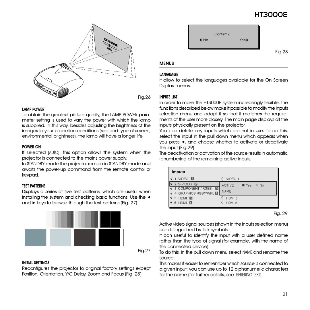 Sim2 Multimedia HT3000E, 460649000 Lamp Power, Power on, Test Patterns, Initial Settings, Menus Language, Inputs List 