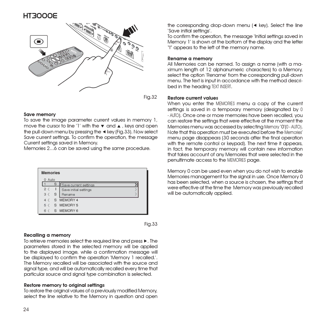 Sim2 Multimedia 460649000, HT3000E installation manual Recalling a memory, Restore memory to original settings 