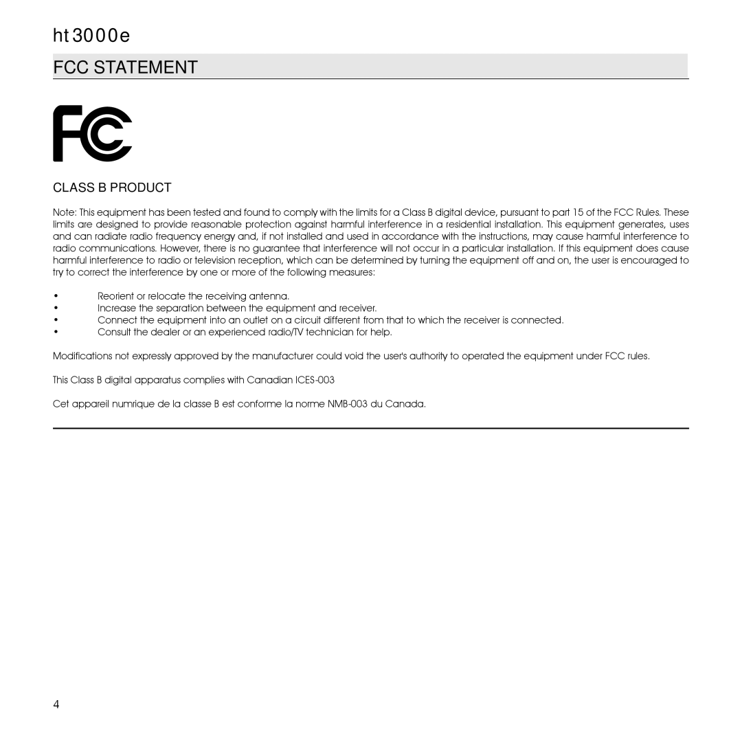 Sim2 Multimedia 460649000, HT3000E installation manual FCC Statement, Class B Product 