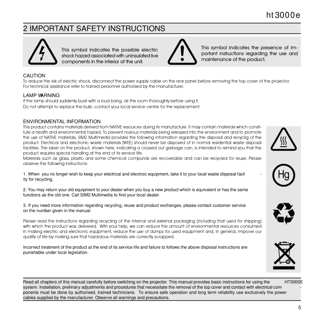 Sim2 Multimedia HT3000E, 460649000 Important Safety Instructions, Lamp Warning, Environmental Information 