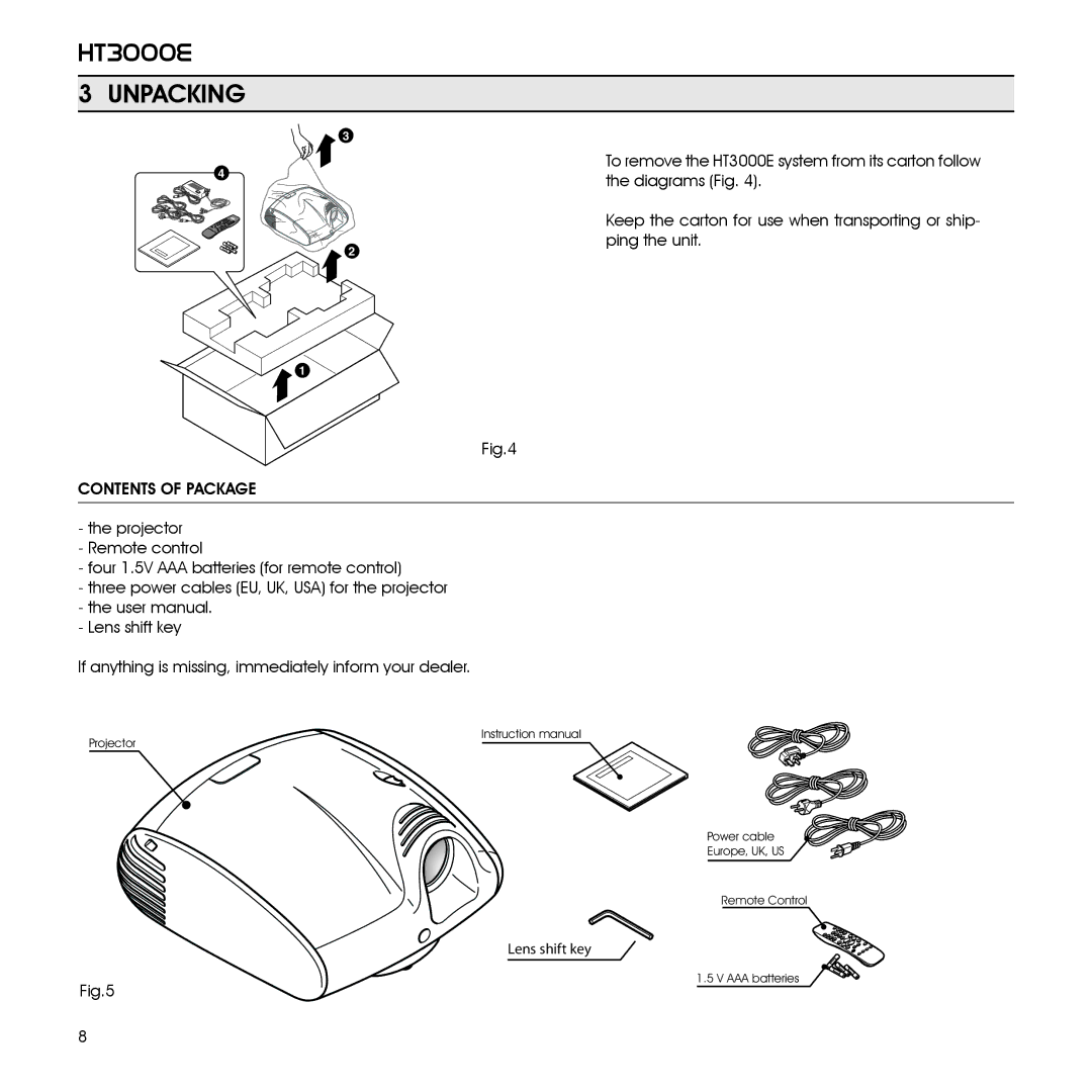 Sim2 Multimedia 460649000, HT3000E installation manual Unpacking, Contents of Package 