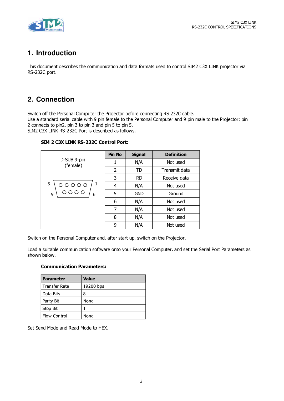 Sim2 Multimedia specifications Introduction, Connection, SIM 2 C3X Link RS-232C Control Port, Communication Parameters 